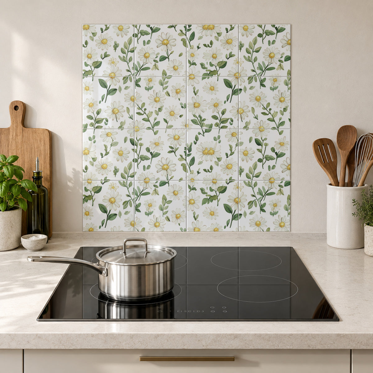 Ivory Daisy Leaf Scatter in the Wolfborn Studio kitchen mockup; 60 x 60 cm panel across 4 rows and 4 columns of 15 cm tiles. Styling illustration.