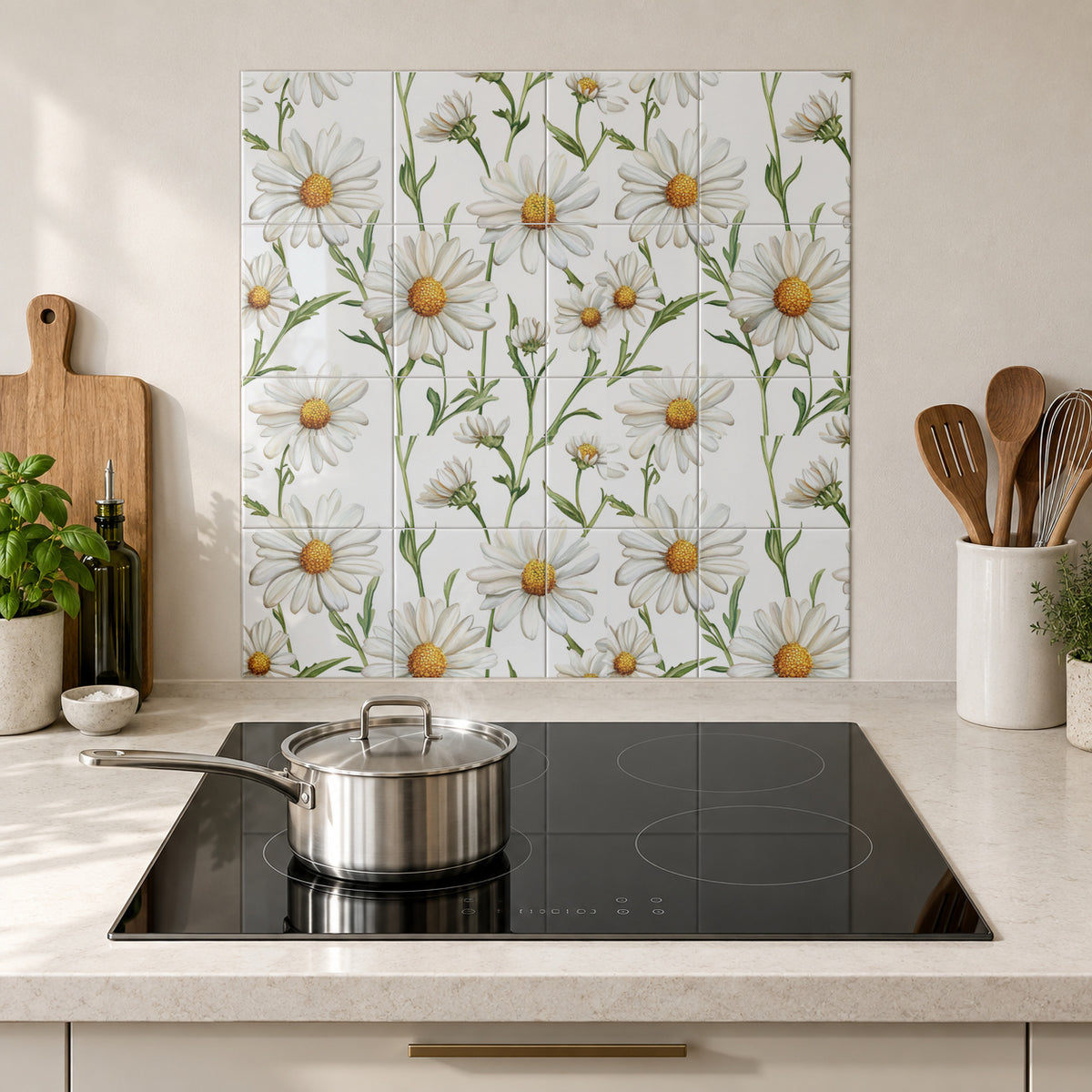 Long Stem White Daisies in the Wolfborn Studio kitchen mockup; 60 x 60 cm panel across 4 rows and 4 columns of 15 cm tiles. Styling illustration.