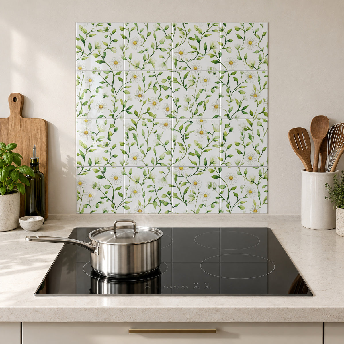 Spring White Blossom Vines in the Wolfborn Studio kitchen mockup; 60 x 60 cm panel across 4 rows and 4 columns of 15 cm tiles. Styling illustration.