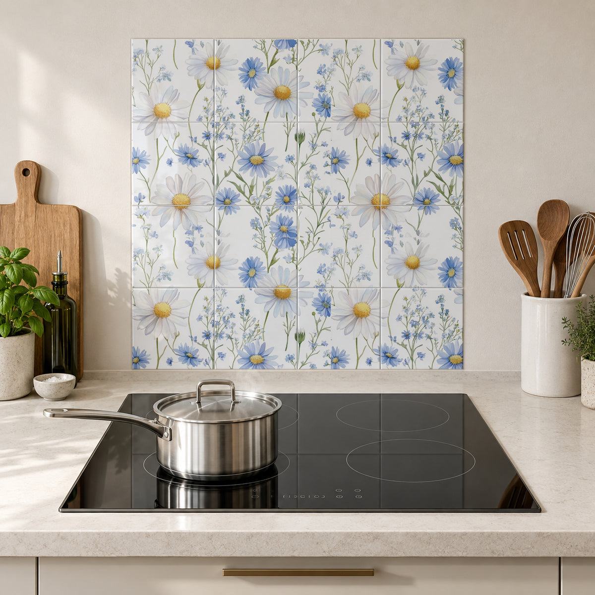 Blue and White Wildflower Meadow in the Wolfborn Studio kitchen mockup; 60 x 60 cm panel across 4 rows and 4 columns of 15 cm tiles. Styling illustration.