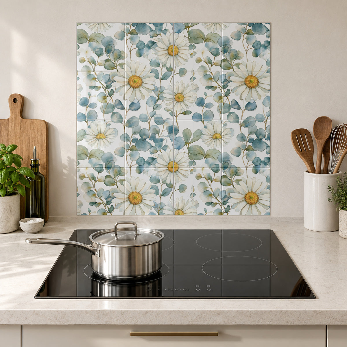 Daisy and Silver Blue Eucalyptus in the Wolfborn Studio kitchen mockup; 60 x 60 cm panel across 4 rows and 4 columns of 15 cm tiles. Styling illustration.