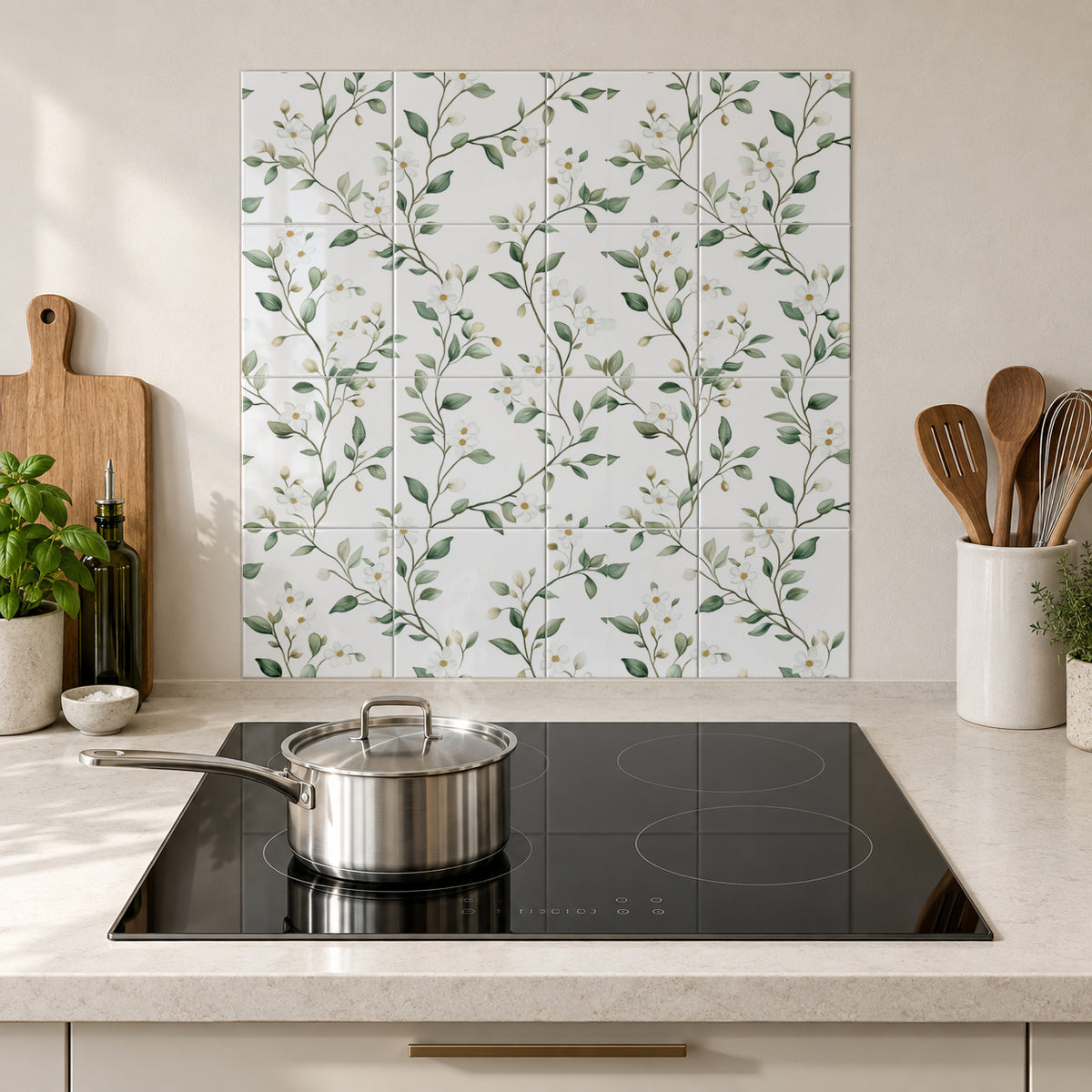 Delicate Ivory Blossom Trail in the Wolfborn Studio kitchen mockup; 60 x 60 cm panel across 4 rows and 4 columns of 15 cm tiles. Styling illustration.