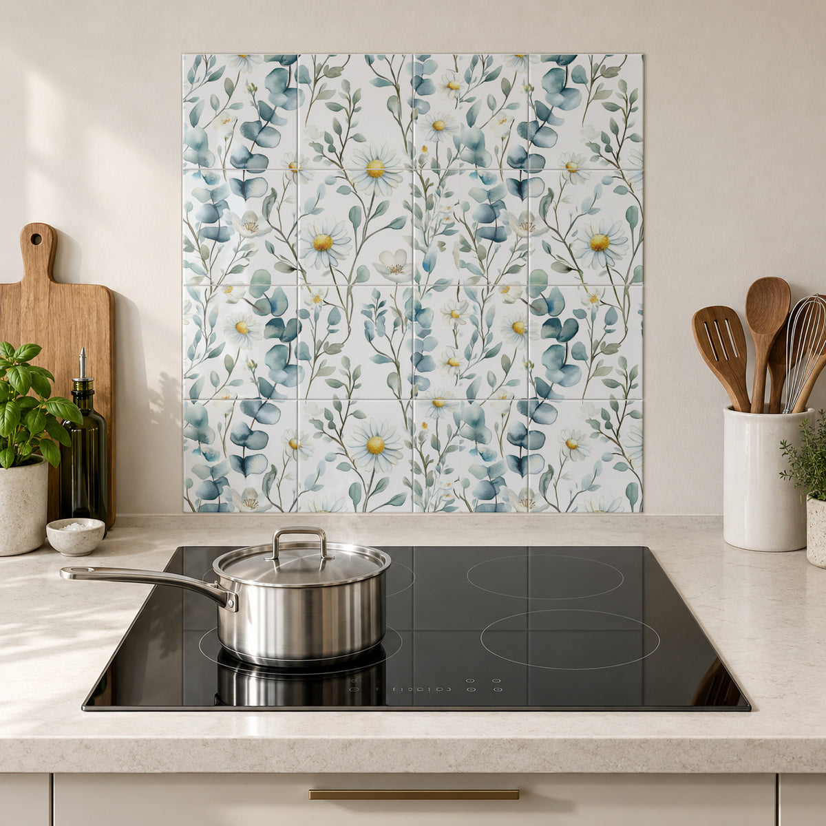 Eucalyptus and White Daisy Drift in the Wolfborn Studio kitchen mockup; 60 x 60 cm panel across 4 rows and 4 columns of 15 cm tiles. Styling illustration.