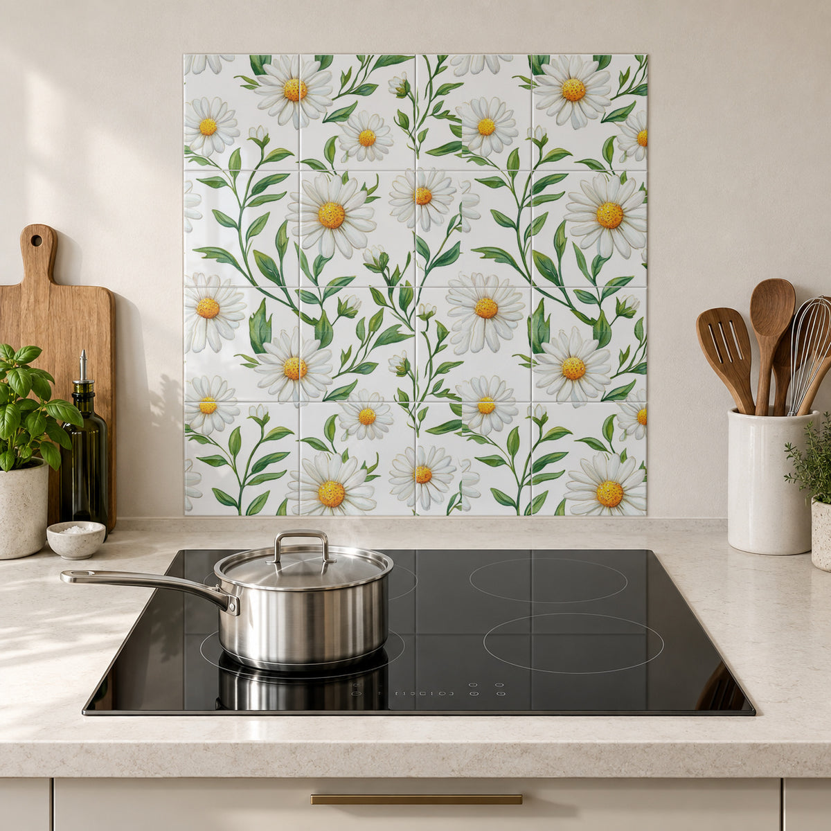 Fresh Green Daisy Bouquet in the Wolfborn Studio kitchen mockup; 60 x 60 cm panel across 4 rows and 4 columns of 15 cm tiles. Styling illustration.