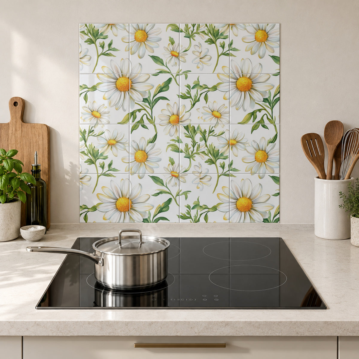 Sunny White Daisy Vines in the Wolfborn Studio kitchen mockup; 60 x 60 cm panel across 4 rows and 4 columns of 15 cm tiles. Styling illustration.