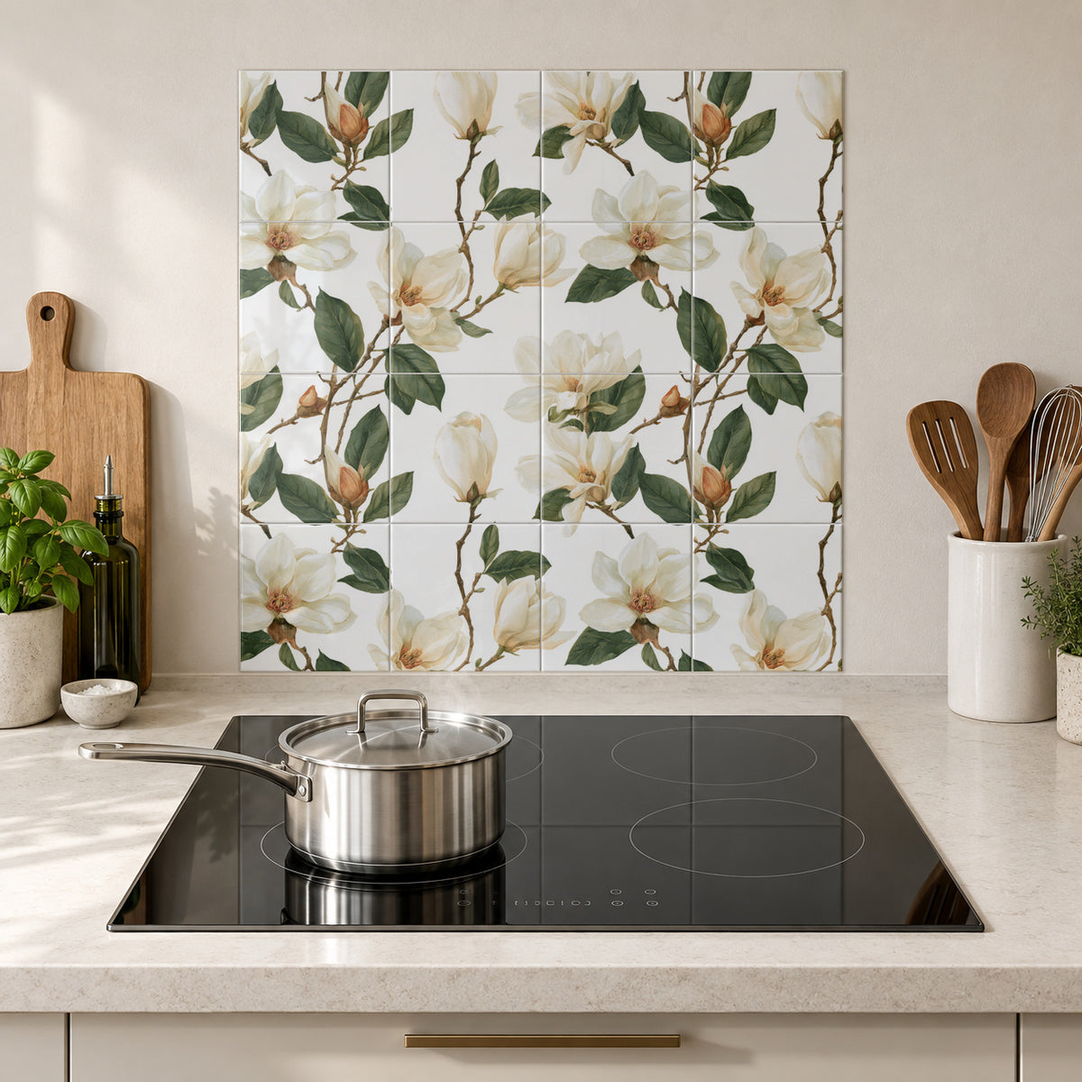 Ivory Magnolia Branches in the Wolfborn Studio kitchen mockup; 60 x 60 cm panel across 4 rows and 4 columns of 15 cm tiles. Styling illustration.