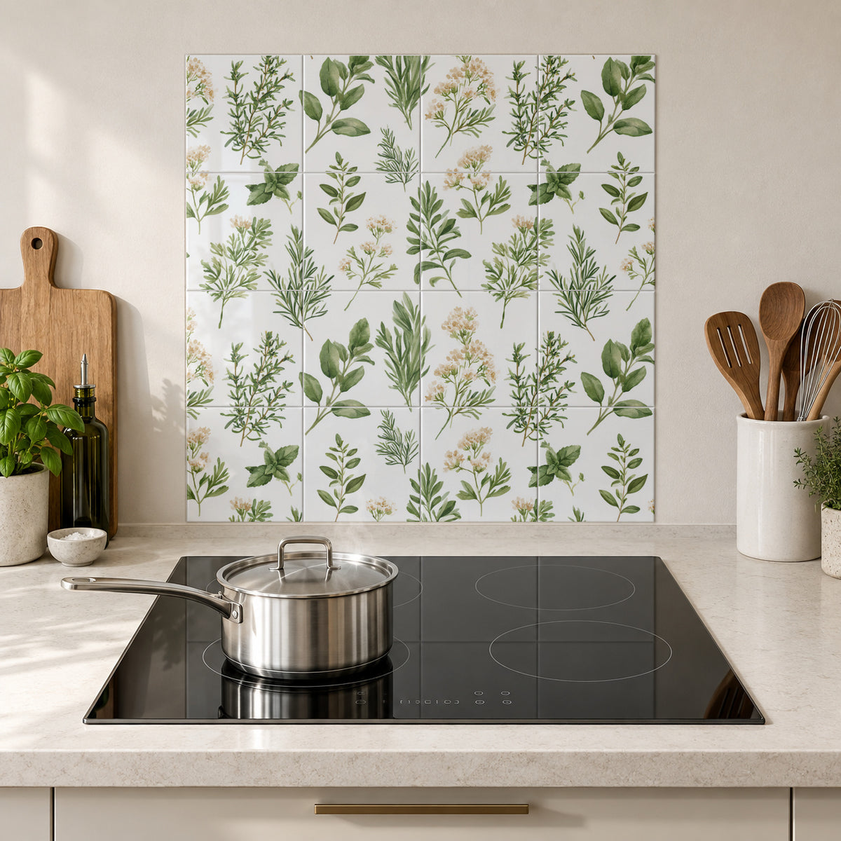 Green Herb Garden Sprigs in the Wolfborn Studio kitchen mockup; 60 x 60 cm panel across 4 rows and 4 columns of 15 cm tiles. Styling illustration.