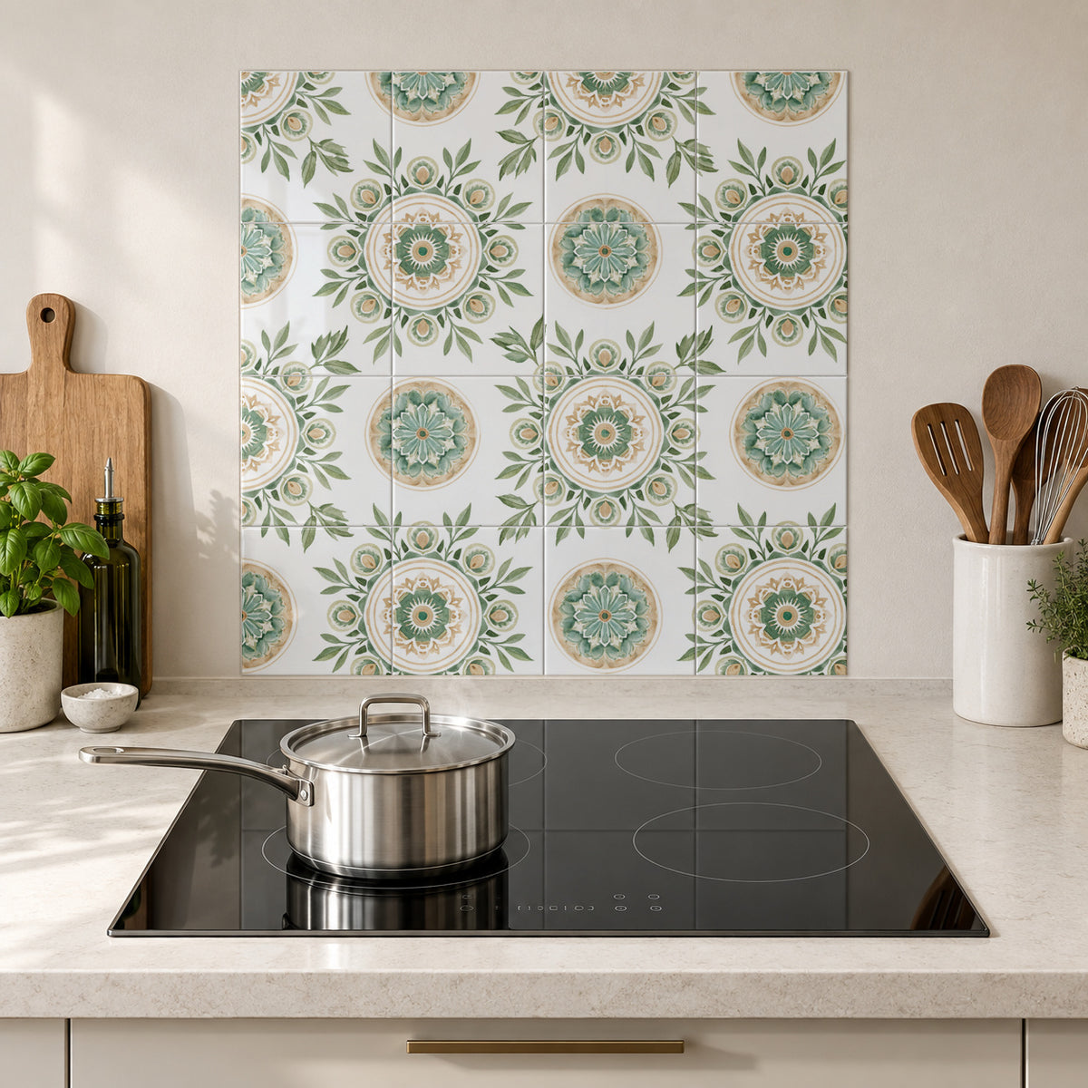 Sage Botanical Medallions in the Wolfborn Studio kitchen mockup; 60 x 60 cm panel across 4 rows and 4 columns of 15 cm tiles. Styling illustration.