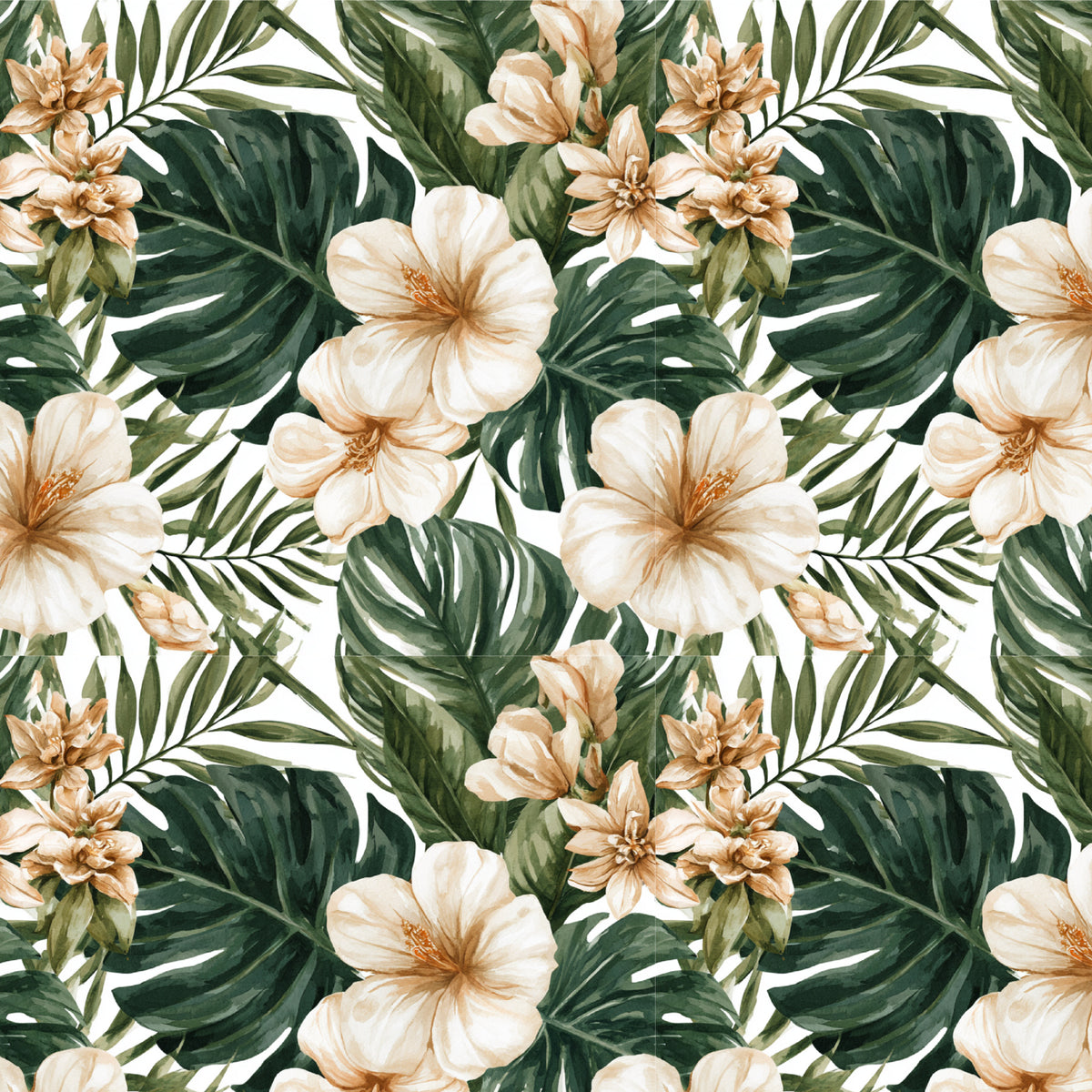 Cream Hibiscus Tropical Canopy artwork at the supplied scale for a nominal 60 x 60 cm reference panel.