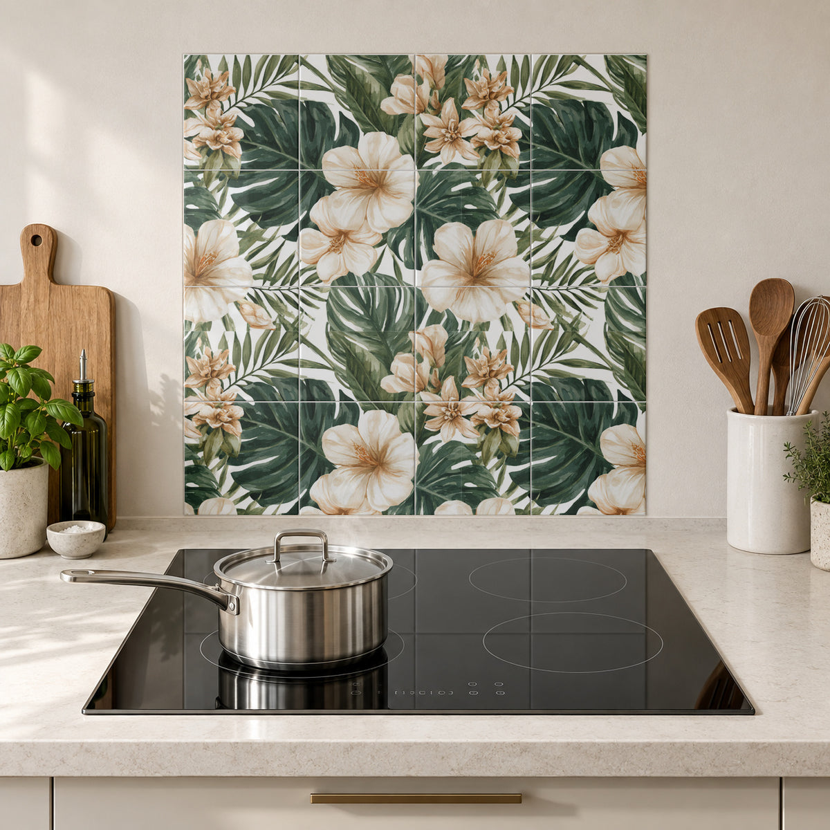 Cream Hibiscus Tropical Canopy in the Wolfborn Studio kitchen mockup; 60 x 60 cm panel across 4 rows and 4 columns of 15 cm tiles. Styling illustration.