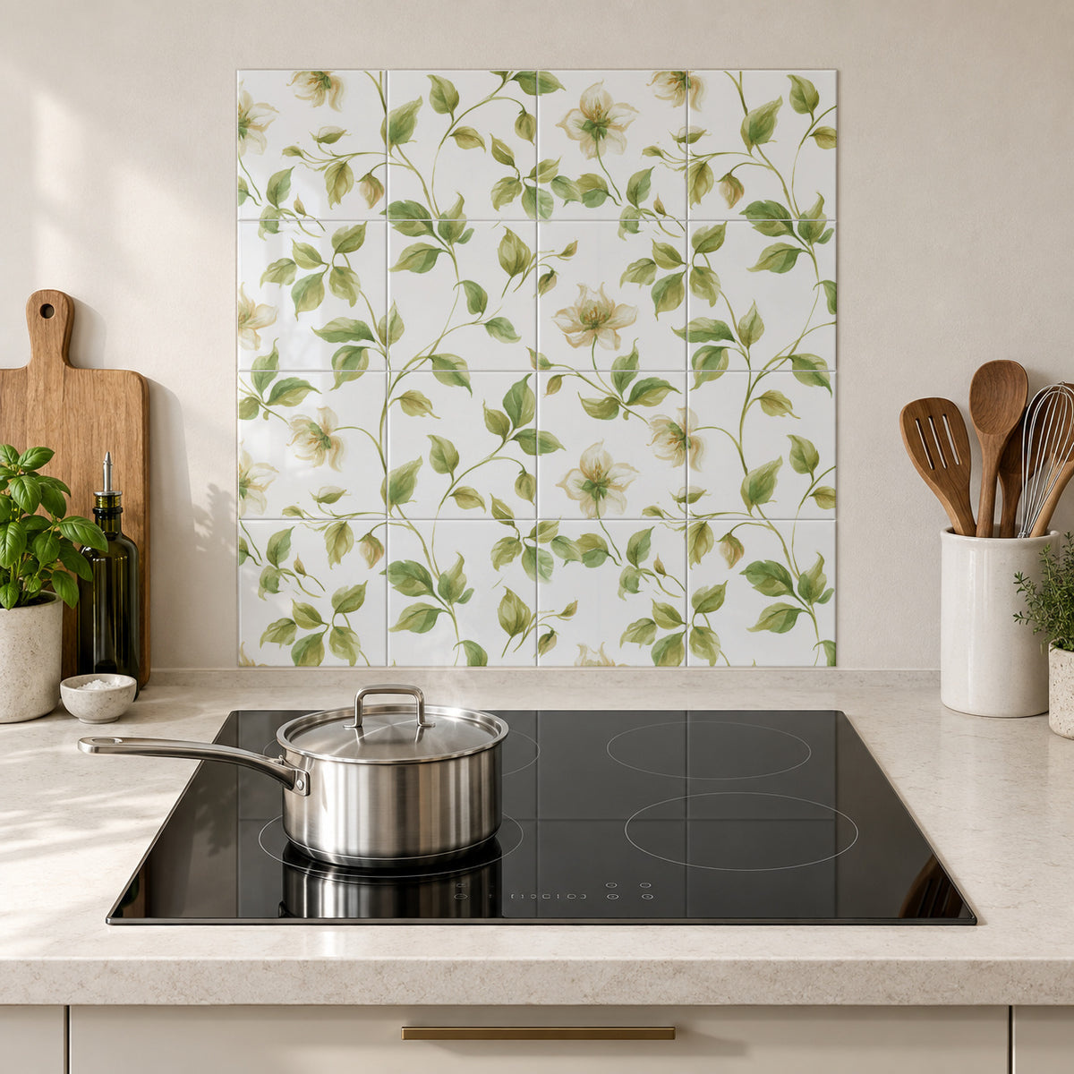 Soft Olive Leaf and Ivory Bloom in the Wolfborn Studio kitchen mockup; 60 x 60 cm panel across 4 rows and 4 columns of 15 cm tiles. Styling illustration.