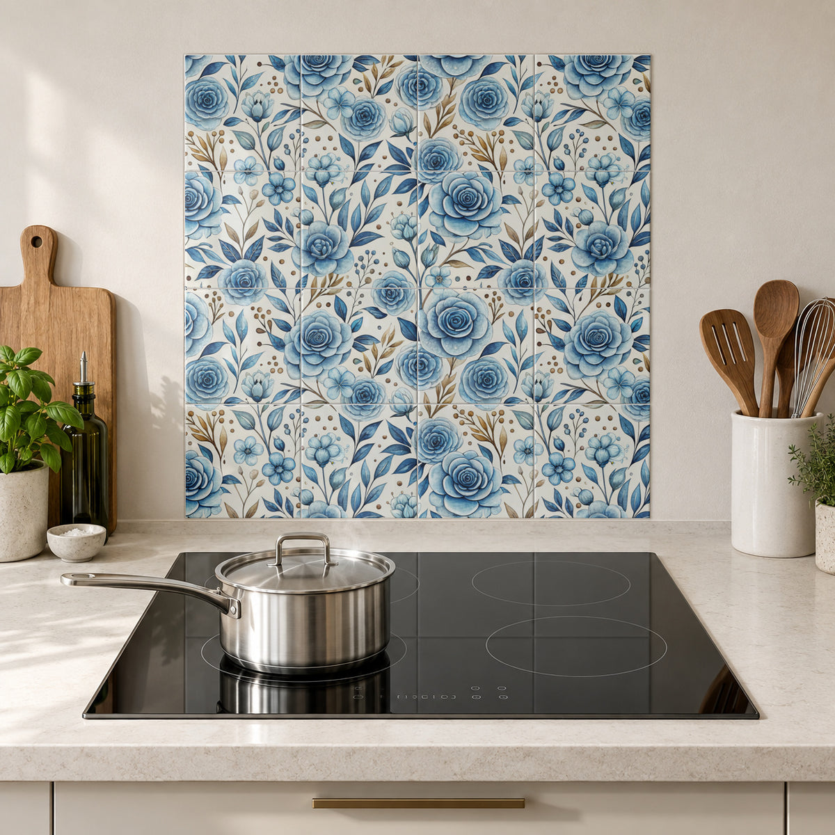 Blue Rose and Golden Berry Trail in the Wolfborn Studio kitchen mockup; 60 x 60 cm panel across 4 rows and 4 columns of 15 cm tiles. Styling illustration.