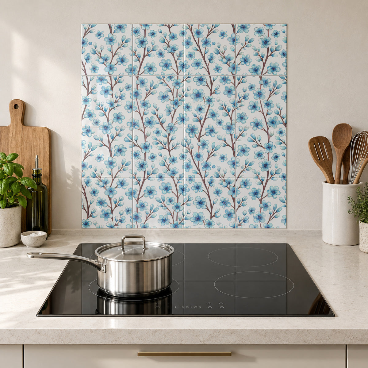 Sky Blue Blossom Branches in the Wolfborn Studio kitchen mockup; 60 x 60 cm panel across 4 rows and 4 columns of 15 cm tiles. Styling illustration.