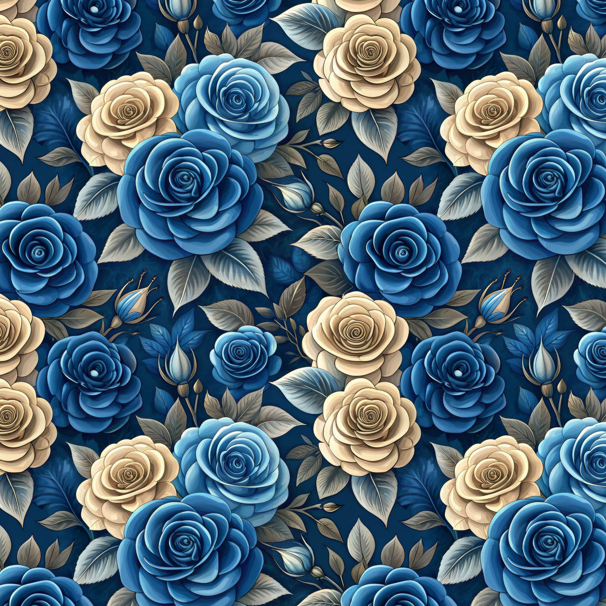 Blue and Champagne Roses on Navy artwork at the supplied scale for a nominal 60 x 60 cm reference panel.