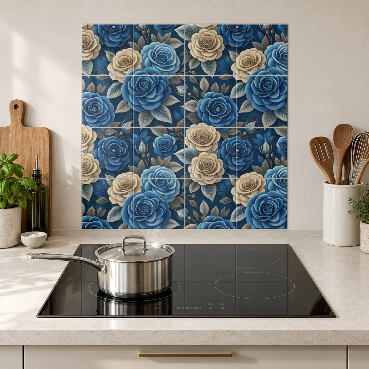 Blue and Champagne Roses on Navy in the Wolfborn Studio kitchen mockup; 60 x 60 cm panel across 4 rows and 4 columns of 15 cm tiles. Styling illustration.