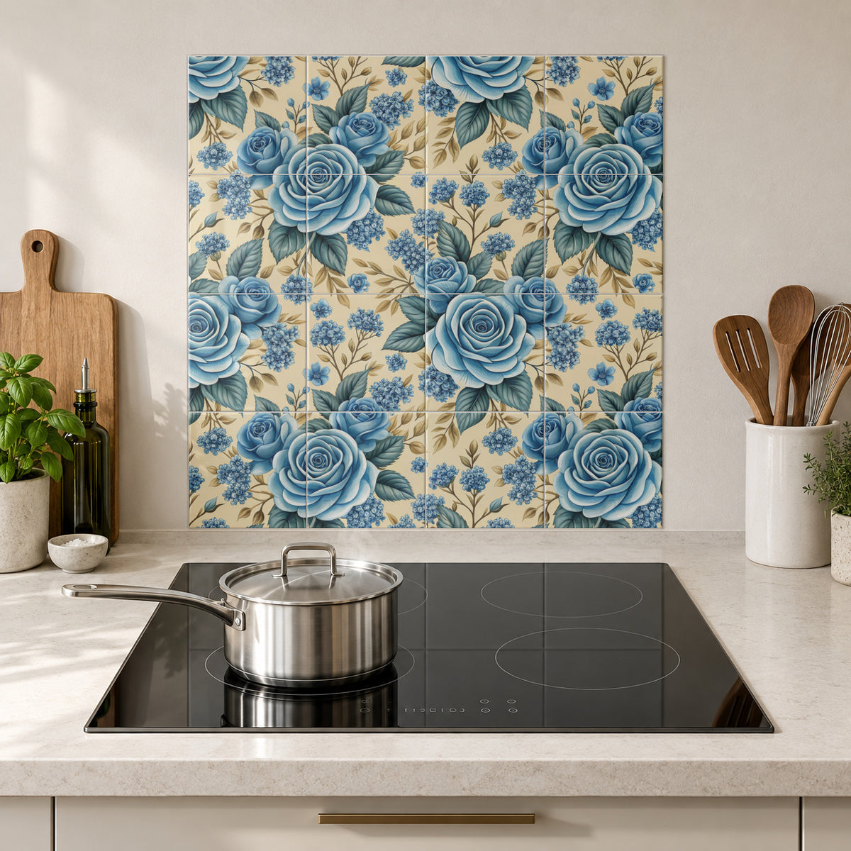 Vintage Blue Roses on Buttercream in the Wolfborn Studio kitchen mockup; 60 x 60 cm panel across 4 rows and 4 columns of 15 cm tiles. Styling illustration.