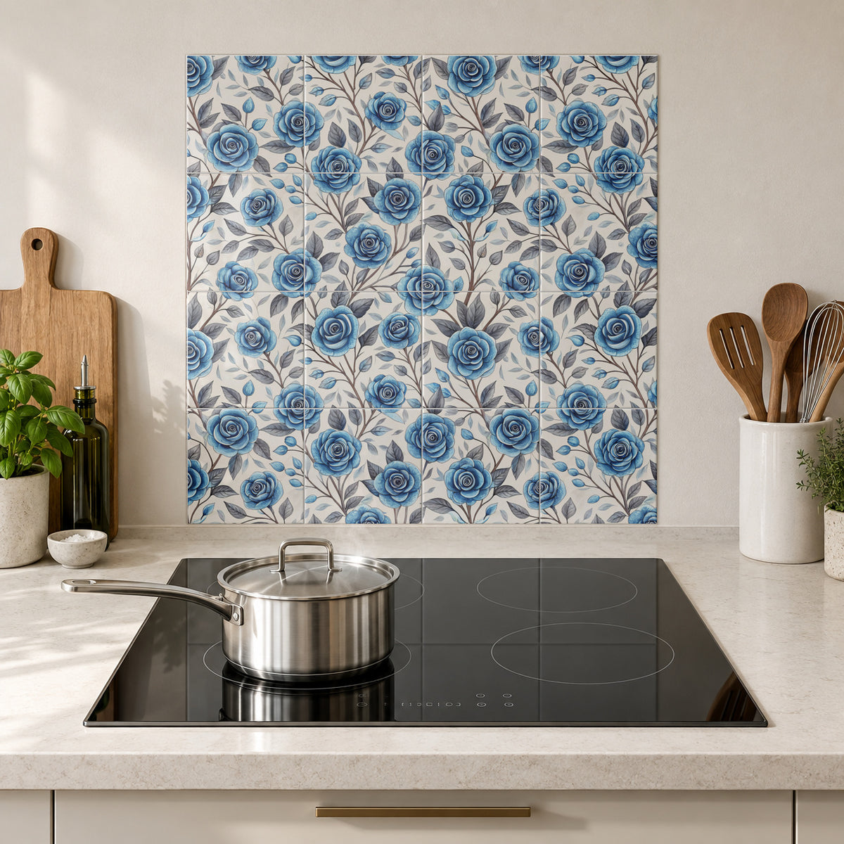 Dusky Blue Rose Branches in the Wolfborn Studio kitchen mockup; 60 x 60 cm panel across 4 rows and 4 columns of 15 cm tiles. Styling illustration.