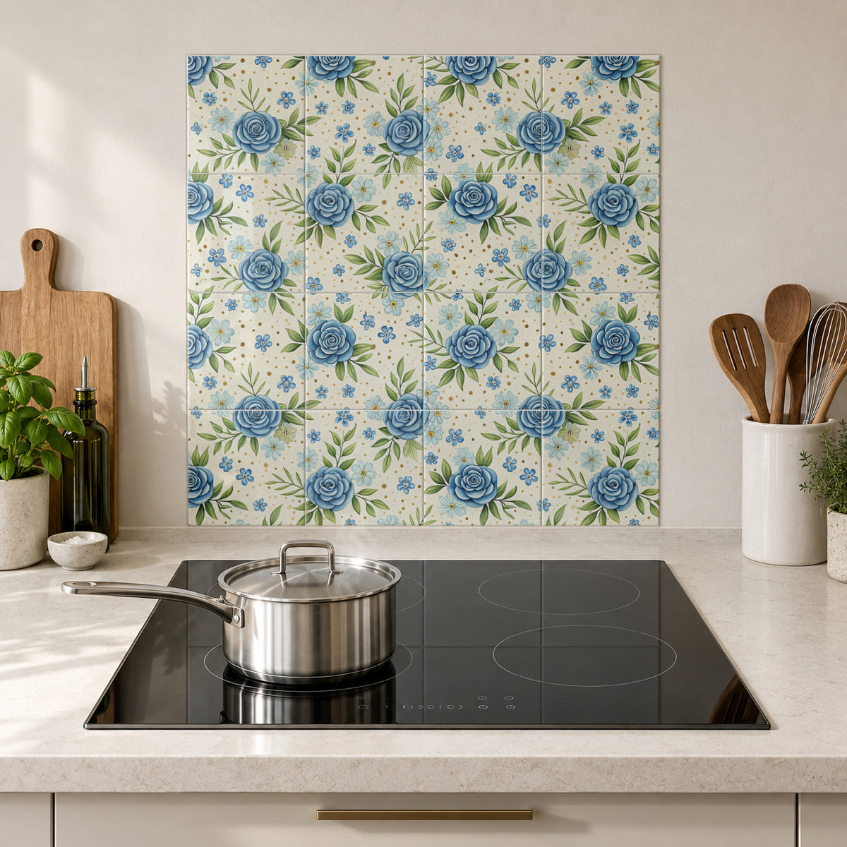 Blue Rose Country Meadow in the Wolfborn Studio kitchen mockup; 60 x 60 cm panel across 4 rows and 4 columns of 15 cm tiles. Styling illustration.