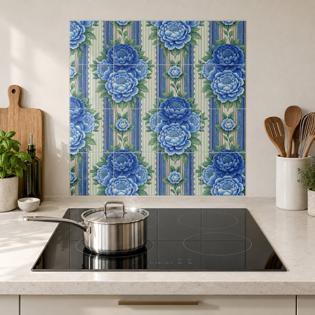 Cobalt Peony Vintage Stripes in the Wolfborn Studio kitchen mockup; 60 x 60 cm panel across 4 rows and 4 columns of 15 cm tiles. Styling illustration.