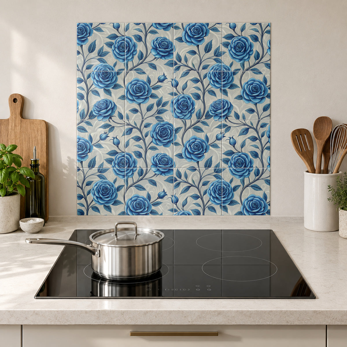 Cobalt Rose Vine in the Wolfborn Studio kitchen mockup; 60 x 60 cm panel across 4 rows and 4 columns of 15 cm tiles. Styling illustration.
