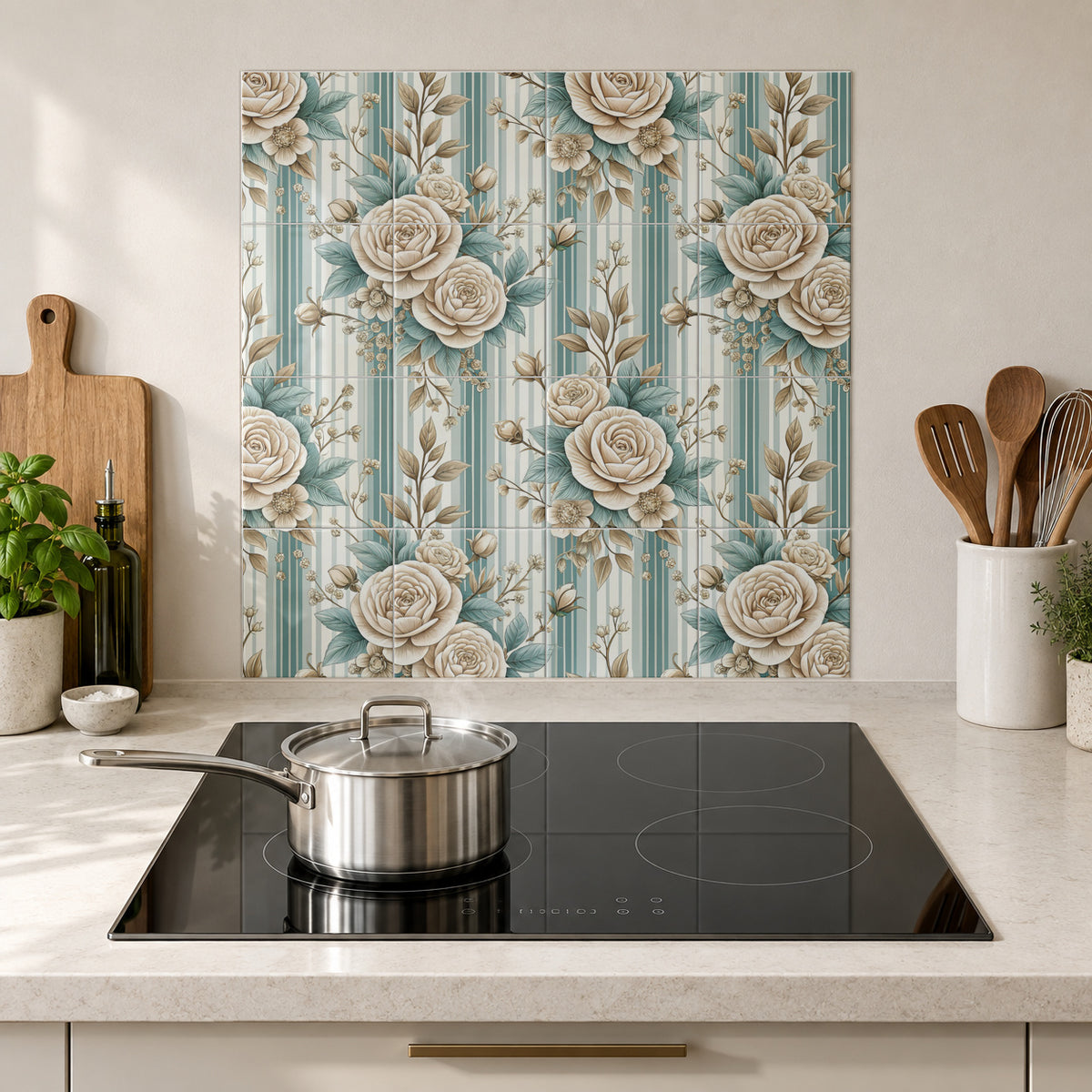 Ivory Rose on Sage Stripes in the Wolfborn Studio kitchen mockup; 60 x 60 cm panel across 4 rows and 4 columns of 15 cm tiles. Styling illustration.