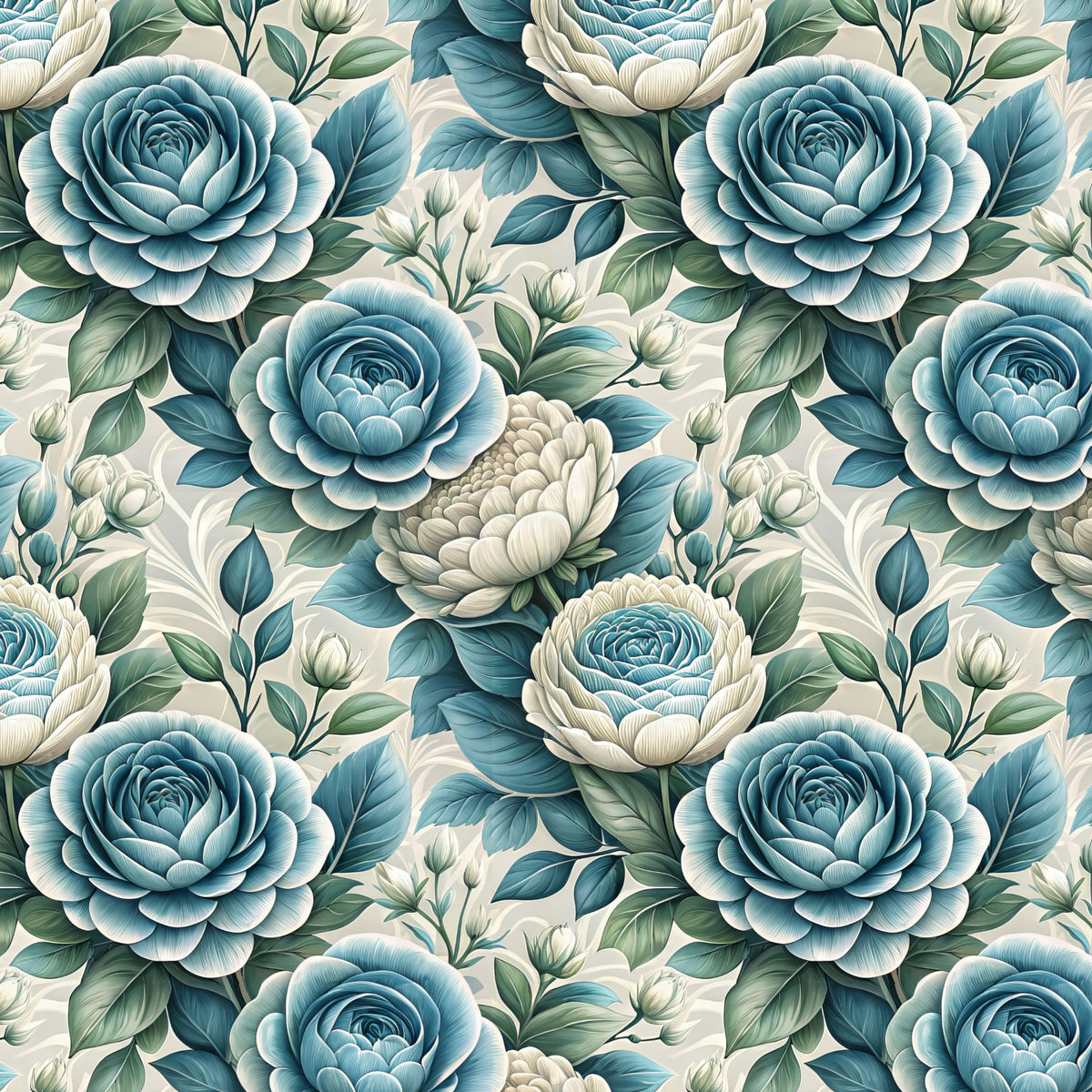 Dusty Blue and Ivory Garden Blooms artwork at the supplied scale for a nominal 60 x 60 cm reference panel.