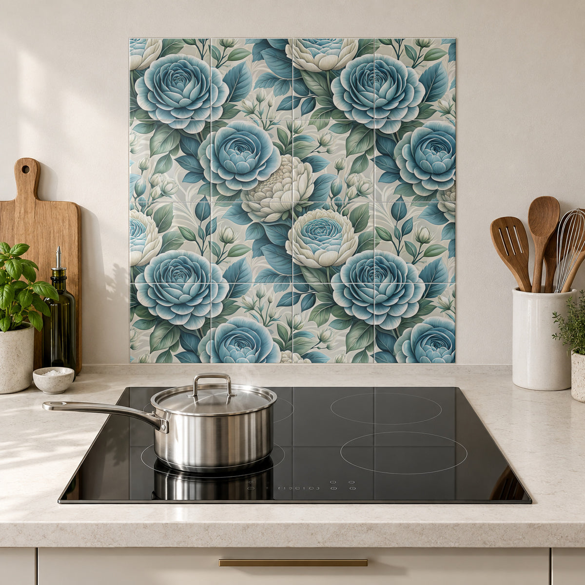 Dusty Blue and Ivory Garden Blooms in the Wolfborn Studio kitchen mockup; 60 x 60 cm panel across 4 rows and 4 columns of 15 cm tiles. Styling illustration.