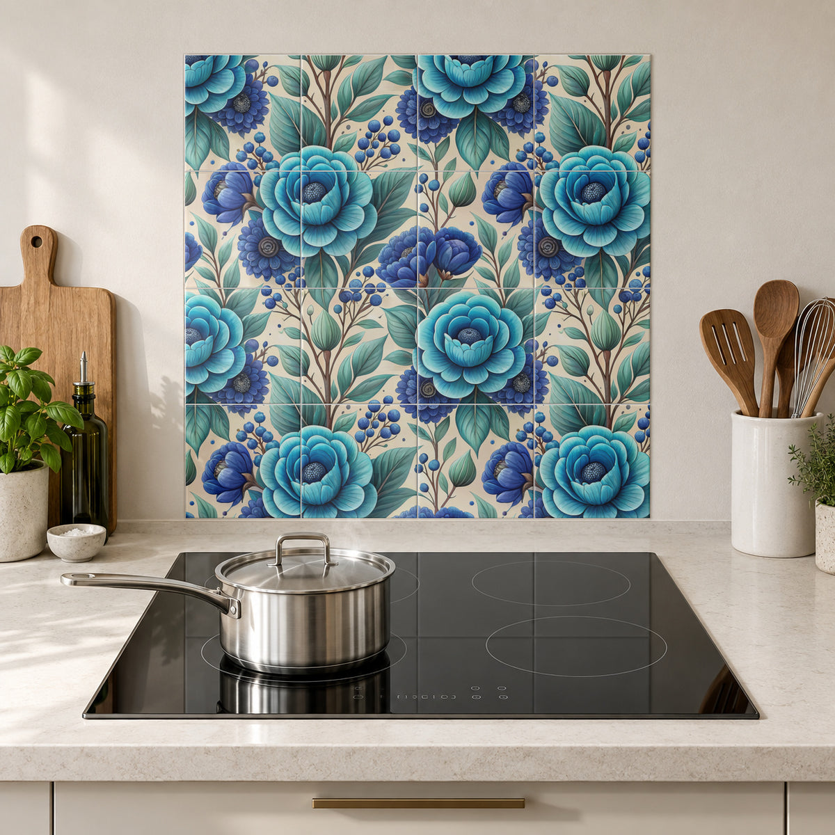 Turquoise and Indigo Floral Bouquet in the Wolfborn Studio kitchen mockup; 60 x 60 cm panel across 4 rows and 4 columns of 15 cm tiles. Styling illustration.