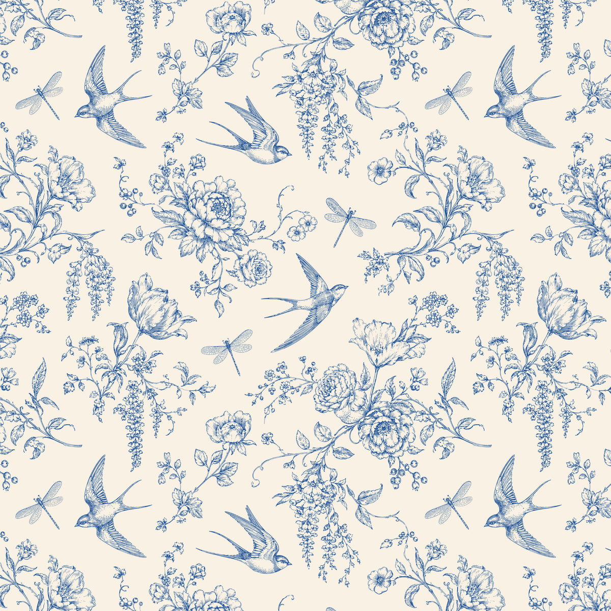 Blue Swallow Floral Toile artwork at the supplied scale for a nominal 60 x 60 cm reference panel.