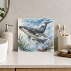 Whale and Calf ceramic decorative tile in Pop Color, shown in a room mockup