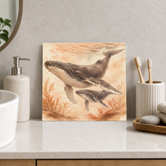 Whale and Calf ceramic decorative tile in Warm Country, shown in a room mockup