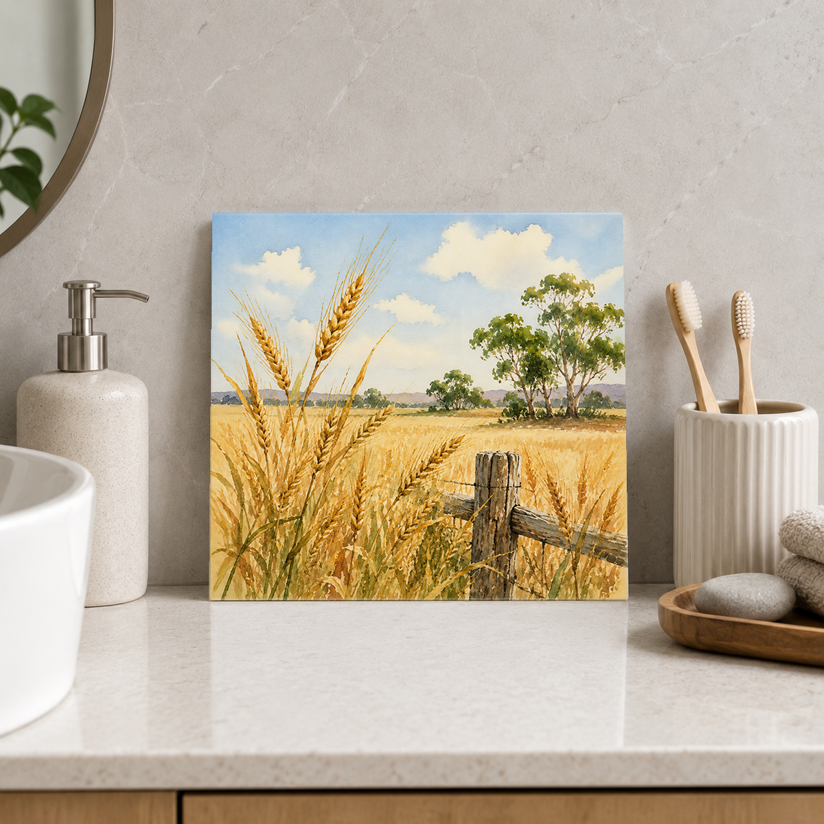 Wheat Fields ceramic decorative tile in Pop Color, shown in a room mockup