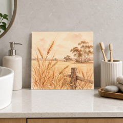 Wheat Fields ceramic decorative tile in Warm Country, shown in a room mockup