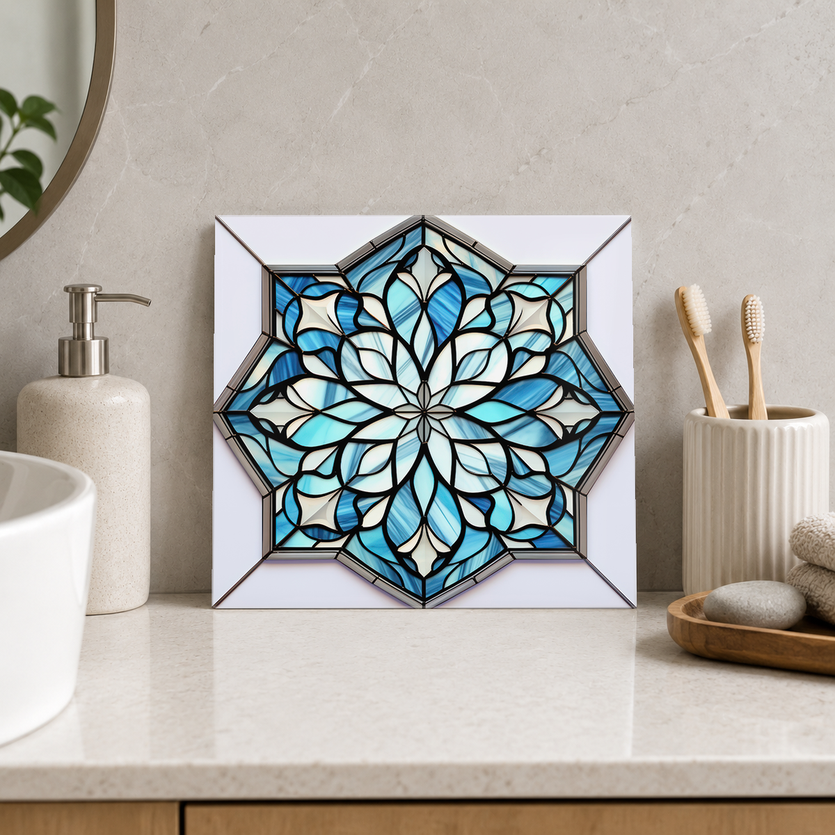 White and Blue Flower in Angular Frame Tile displayed in the bathroom tile mock-up