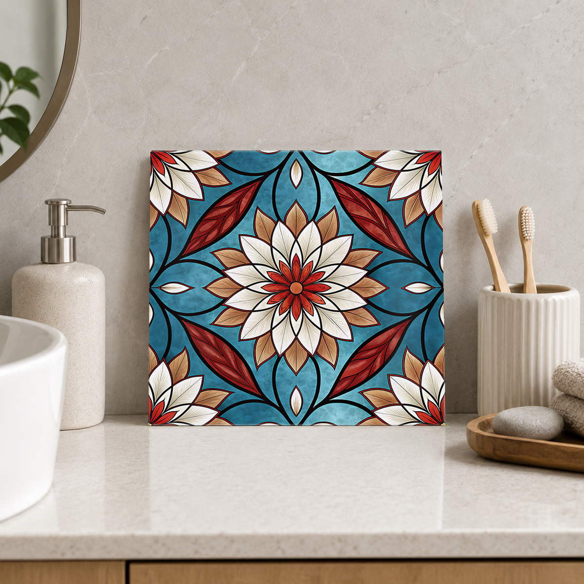 White and Red Daisy on Blue Tile displayed in the bathroom tile mock-up
