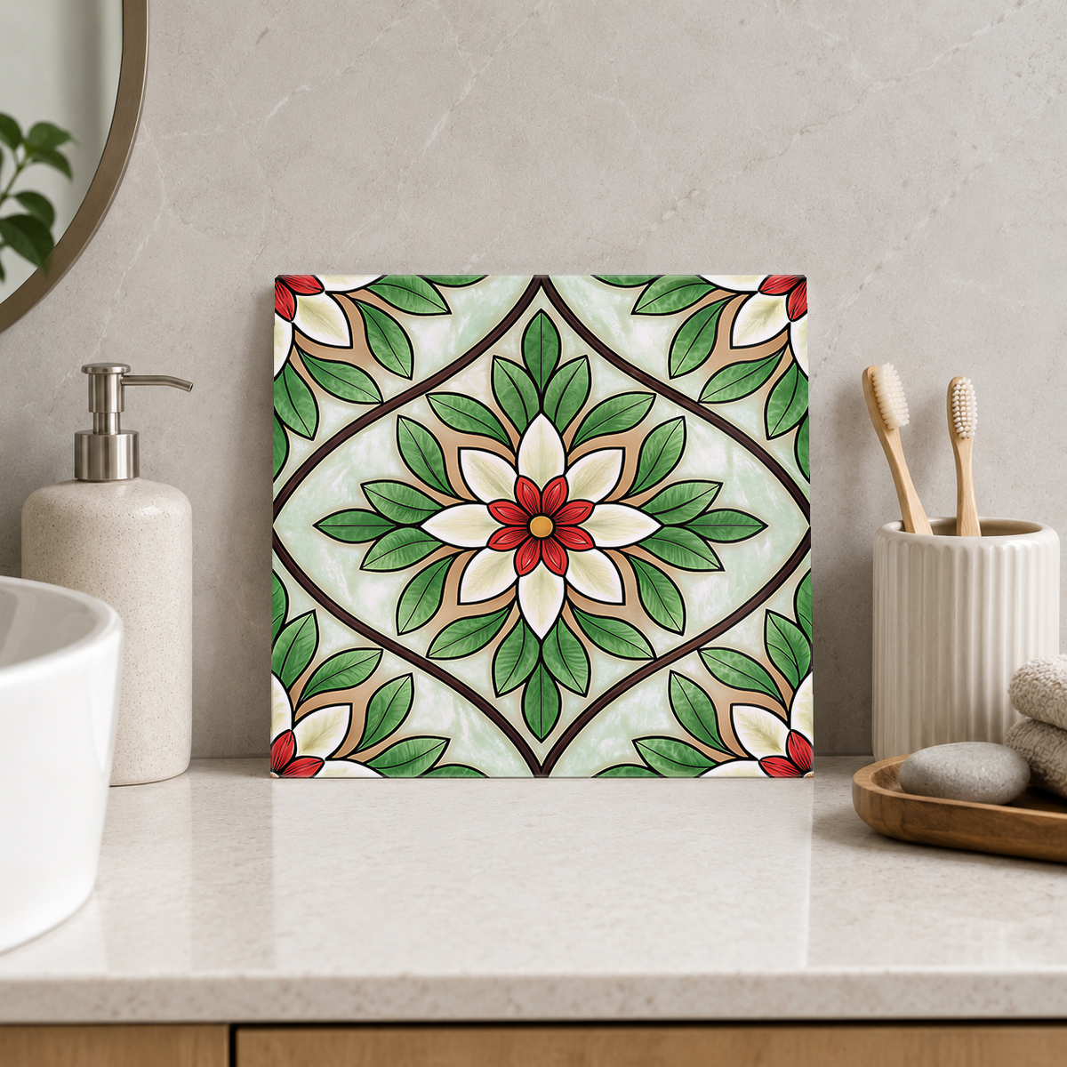 White Blossom in Green Leaf Diamond Tile displayed in the bathroom tile mock-up