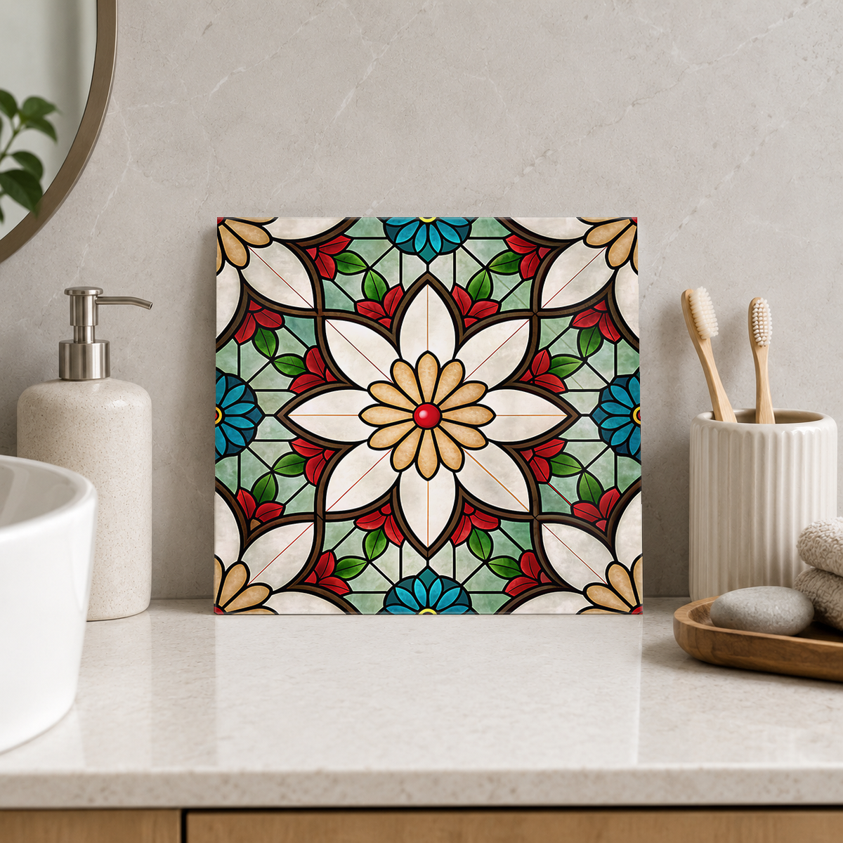 White Blossom with Red and Blue Flowers Tile displayed in the bathroom tile mock-up