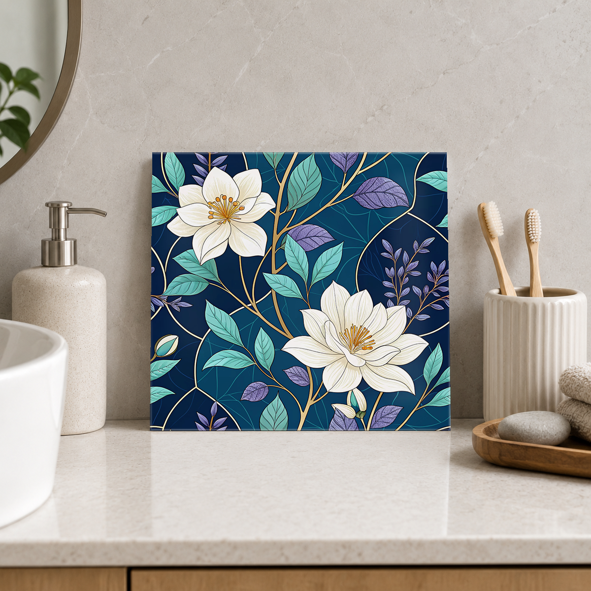 White Blossoms on Navy Tile displayed in the bathroom tile mock-up