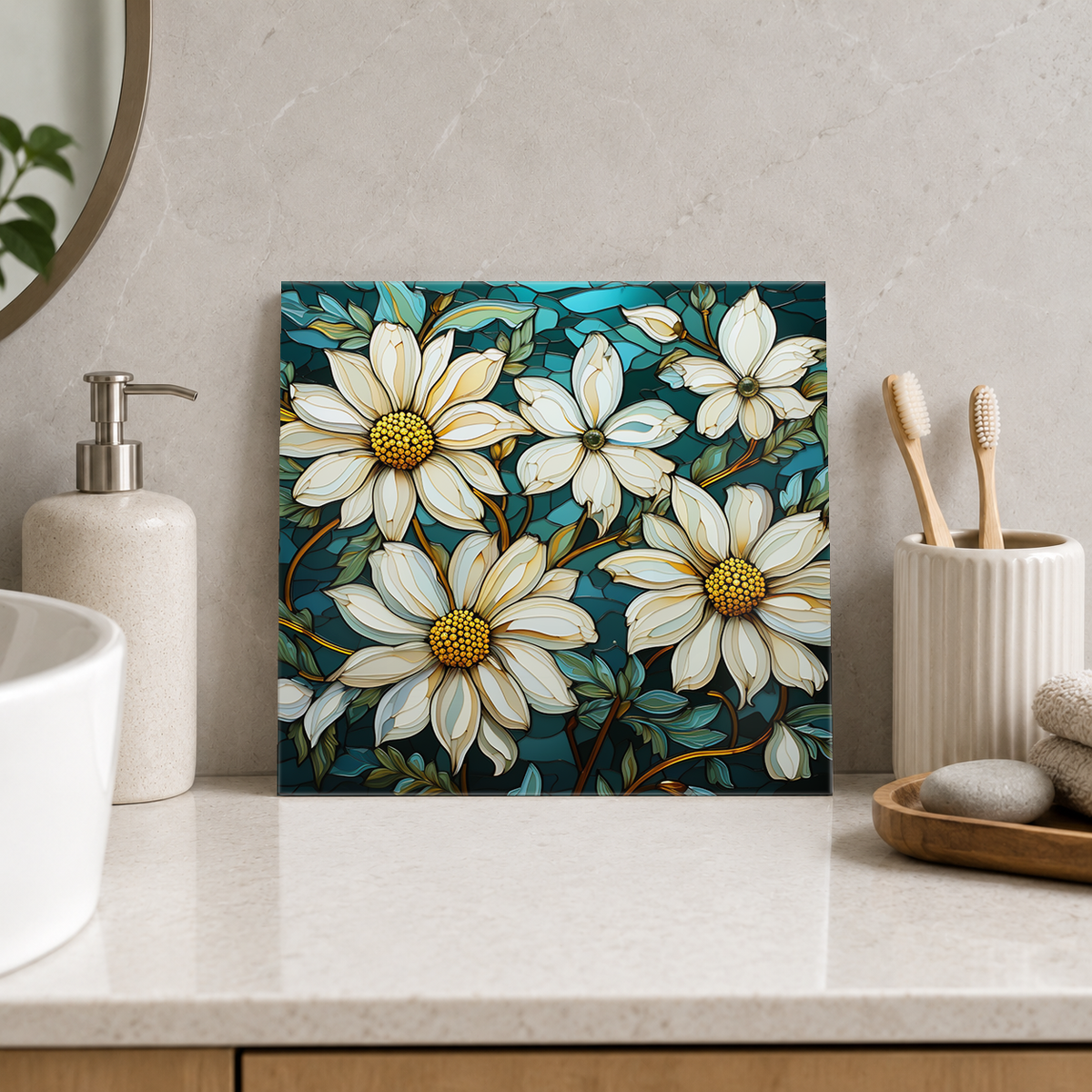 White Cosmos on Teal Tile displayed in the bathroom tile mock-up