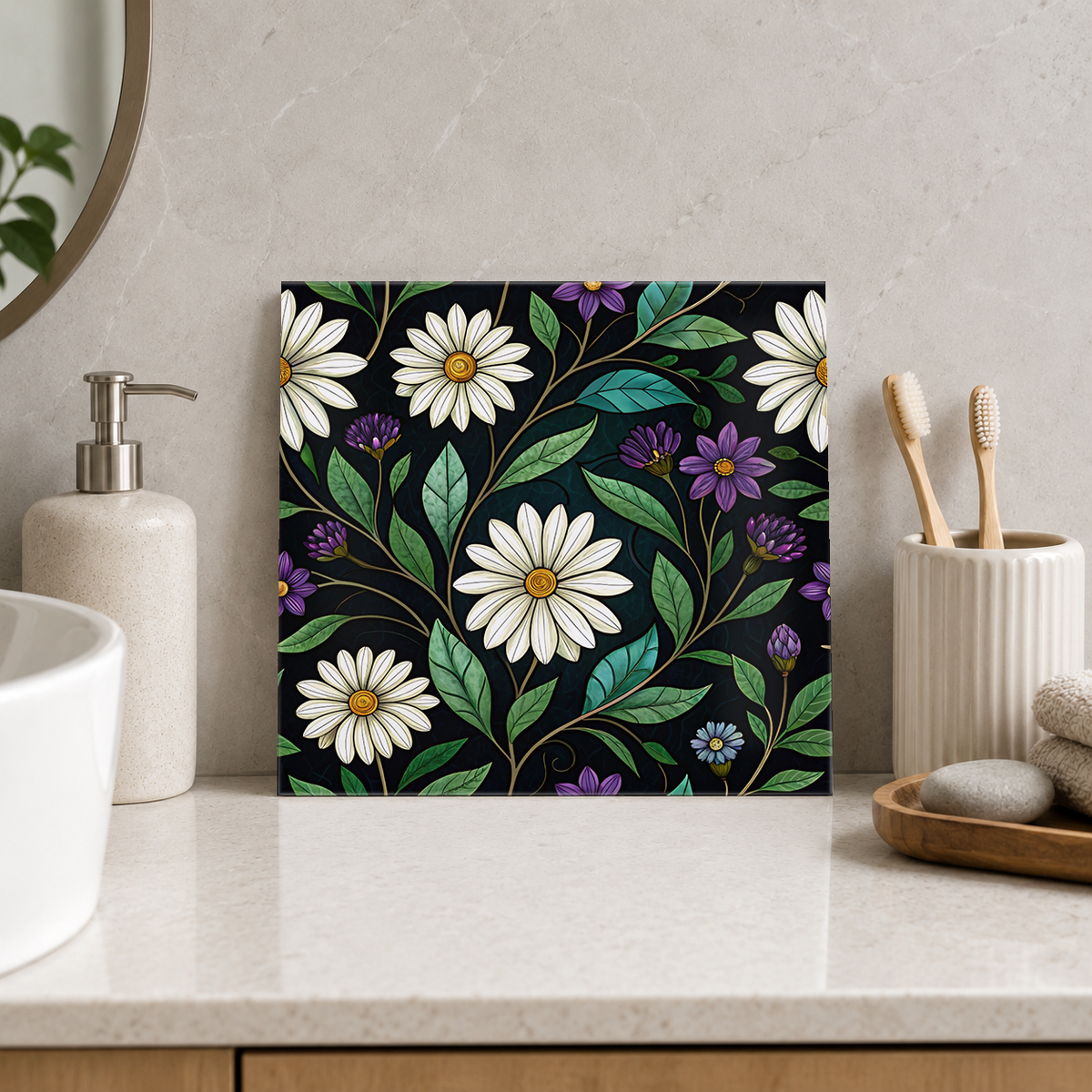 White Daisies and Purple Flowers on Black Tile displayed in the bathroom tile mock-up