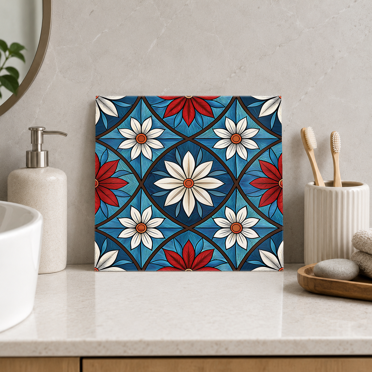 White Daisies in Blue Diamond Grid Tile displayed in the bathroom tile mock-up