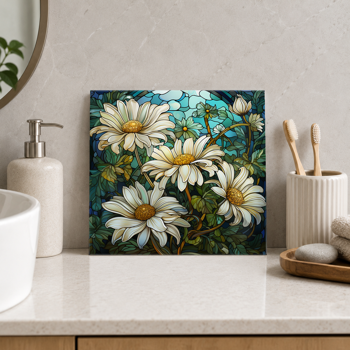 White Daisies in Turquoise Garden Tile displayed in the bathroom tile mock-up