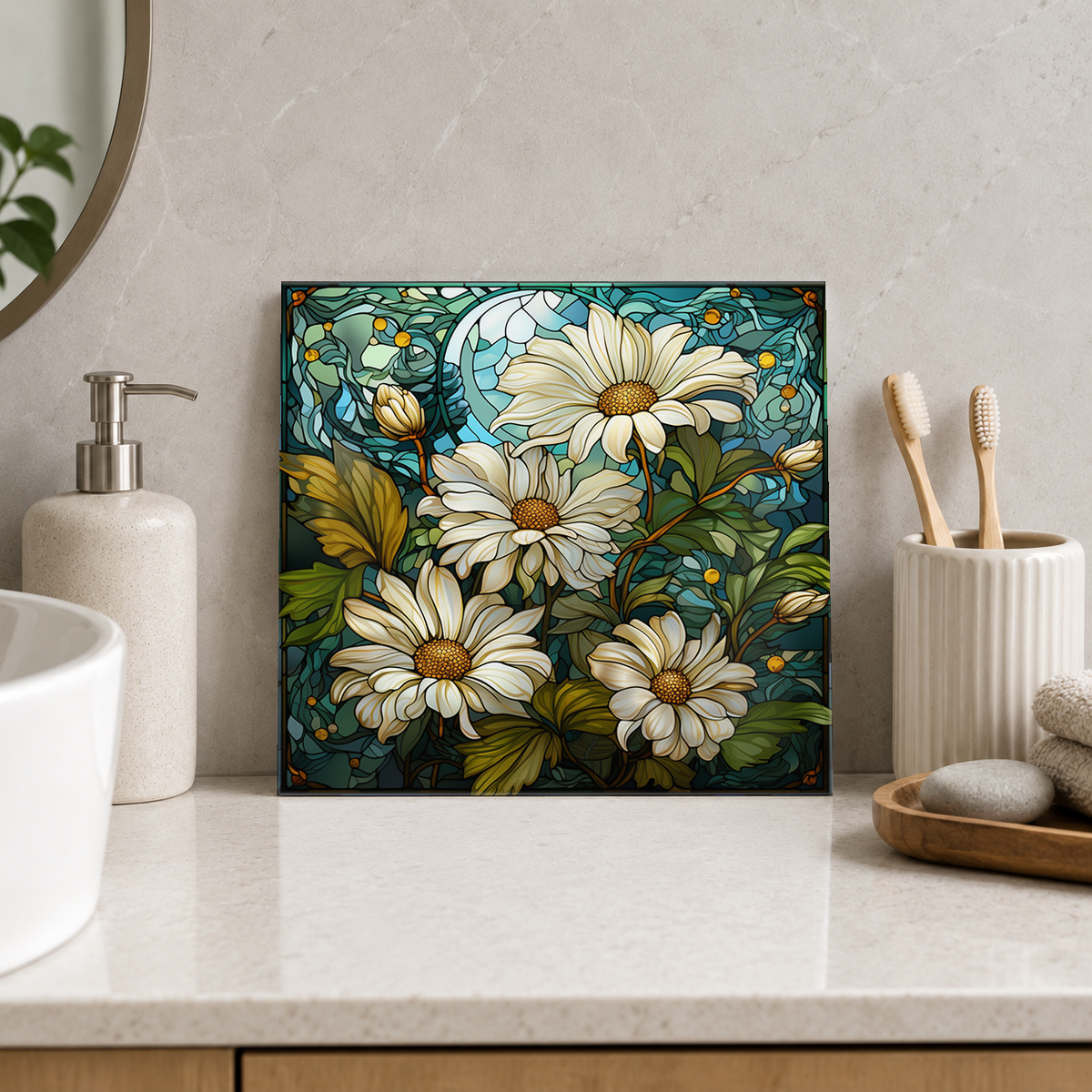 White Daisies in Woodland Arch Tile displayed in the bathroom tile mock-up