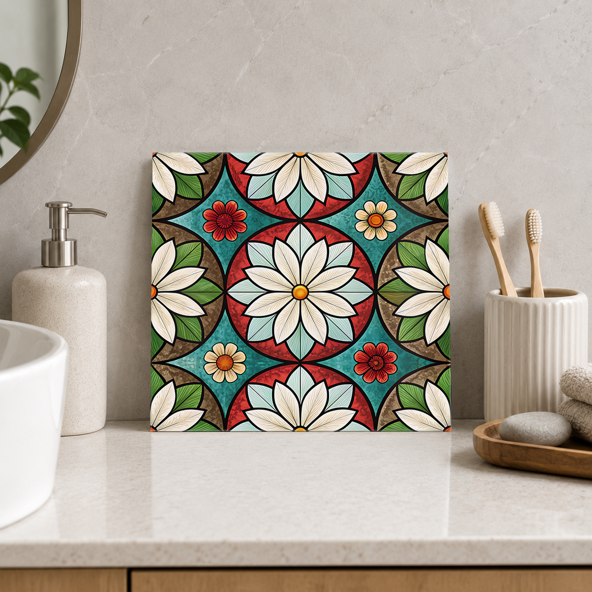 White Daisies on Teal and Red Tile displayed in the bathroom tile mock-up
