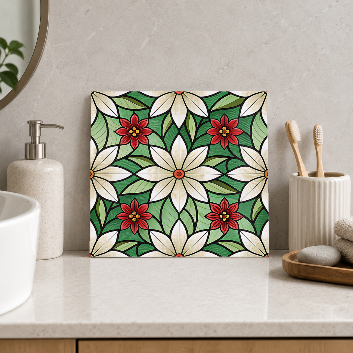 White Daisy and Red Flowers on Green Tile displayed in the bathroom tile mock-up