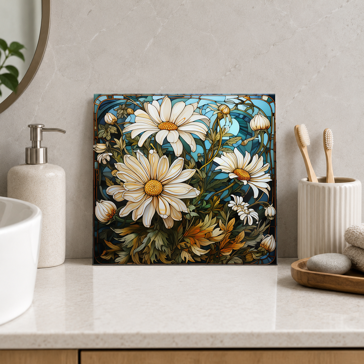White Daisy Bouquet in Blue Frame Tile displayed in the bathroom tile mock-up