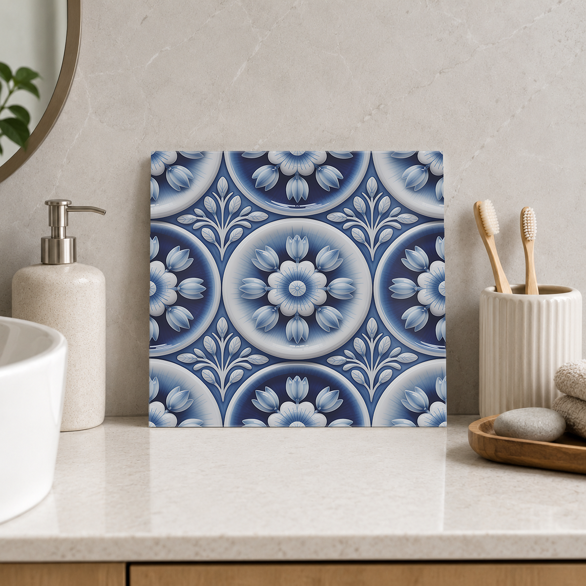 White Daisy Circles on Blue Tile displayed in the bathroom tile mock-up