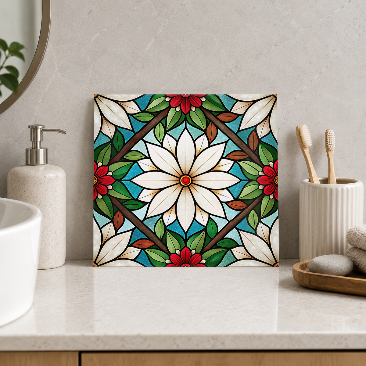 White Daisy in Brown Diamond Frame Tile displayed in the bathroom tile mock-up