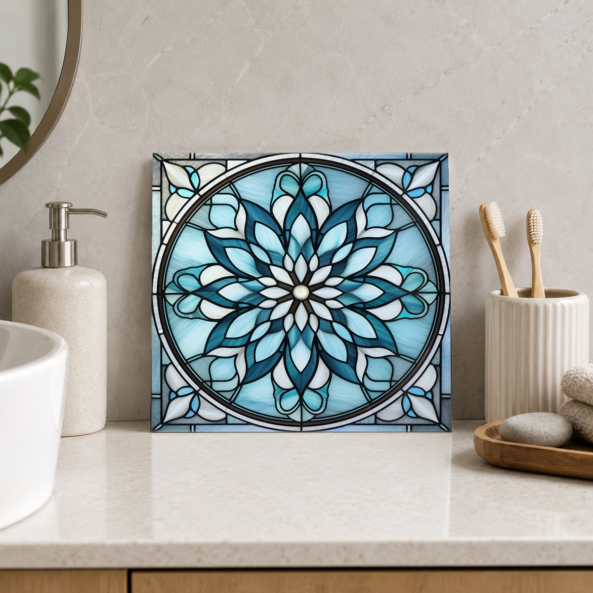 White Daisy in Pale Blue Circle Tile displayed in the bathroom tile mock-up
