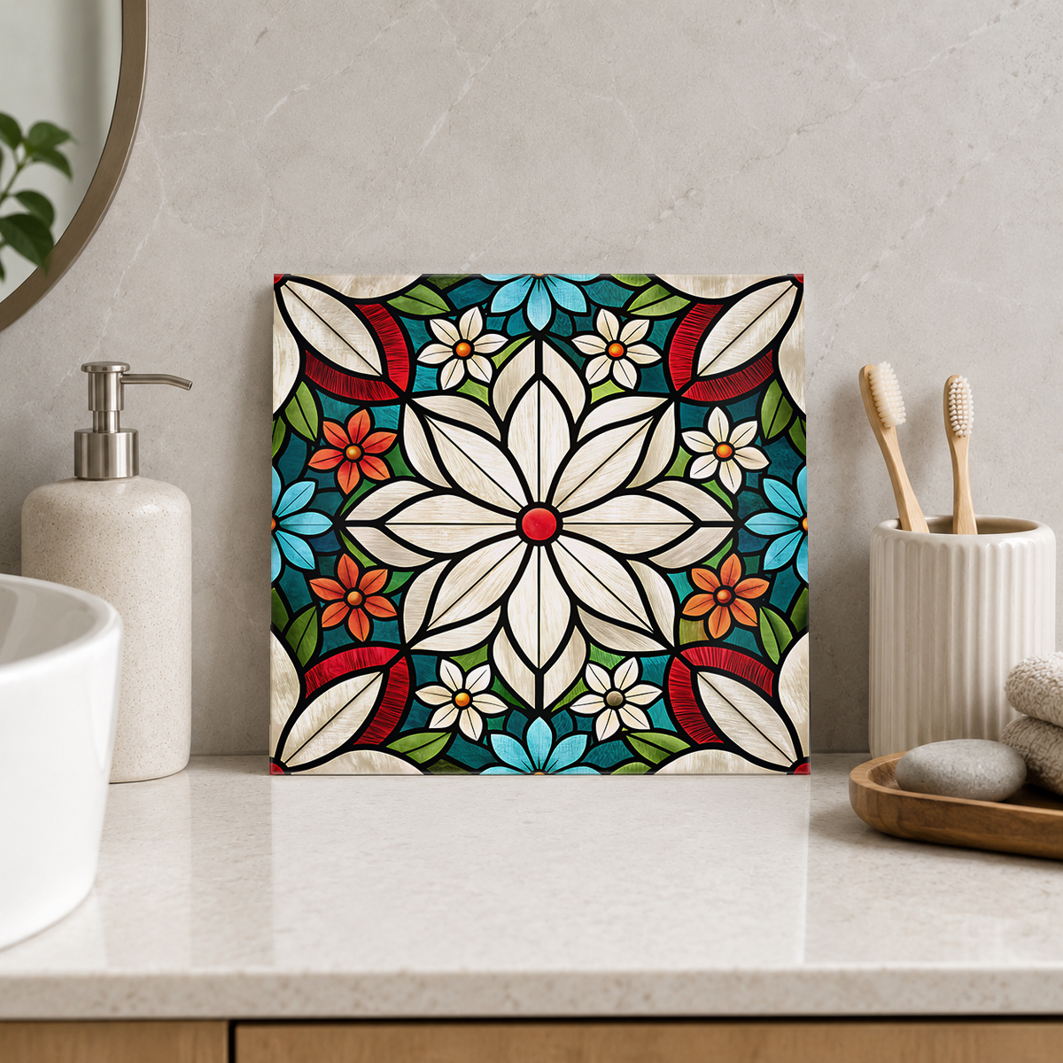 White Daisy with Colourful Flower Border Tile displayed in the bathroom tile mock-up
